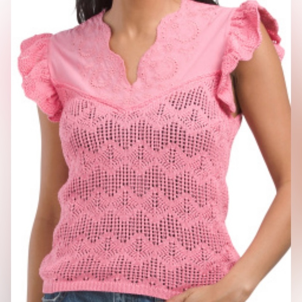 Adiva Pretty Pink Flutter Sleeve Crochet Embroidered Eyelet Sweater Size Med NWT